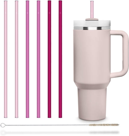 Halm Glass Straws - 6 Long 12 inch Bent Stanley Cup Replacement Drinking Straws + Plastic-Free Cleaning Brush - Perfect for Bottles & Quencher - Made in Germany - Dishwasher Safe - Eco-Friendly