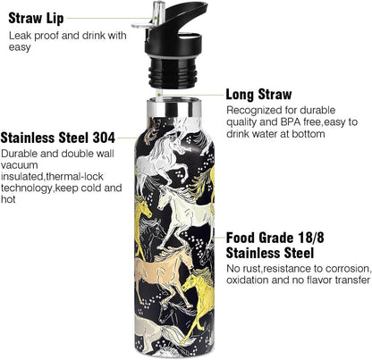 Pickleball Sport Water Bottle with Straw, Vacuum Insulated Stainless Steel Thermal Drinking Travel Mug Cups For Gym Fitness Camping-20oz/600ml