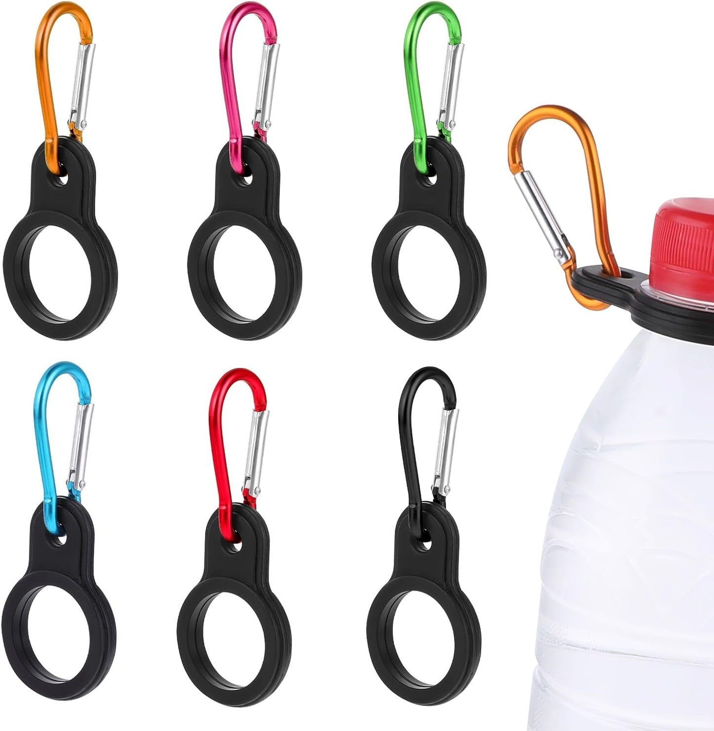 6 Packs Water Bottle Keychain, Silicone Water Bottle Carrier with Key Ring Clips, Universal Bottles Loop Holder for Backpacks, Gym (Black, Blue, Green, Rose Red, Red, Orange)