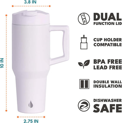 Elemental 32 oz 100% Leak Proof Tumbler with Handle & Straw - Stainless Steel Double Wall Insulated Tumbler for Hot and Cold Beverages - Travel Coffee Mug with Sip & Straw Lid - White - Colors A