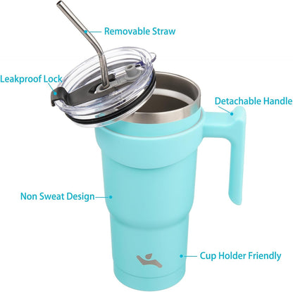 Konokyo 20 oz Tumbler with Handle and 2 Straw 2 Lid, Insulated Water Bottle Stainless Steel Vacuum Cup Reusable Travel Mug,Black