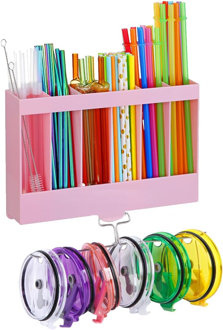 10''Acrylic Straw Holder for Cabinet Door with Tumbler Straw Organizer,Large Straw Storage with Washable Sticky Reusable Cup Lid Holder,Water Bottle Accessories Organizer for Kitchen(Clear)