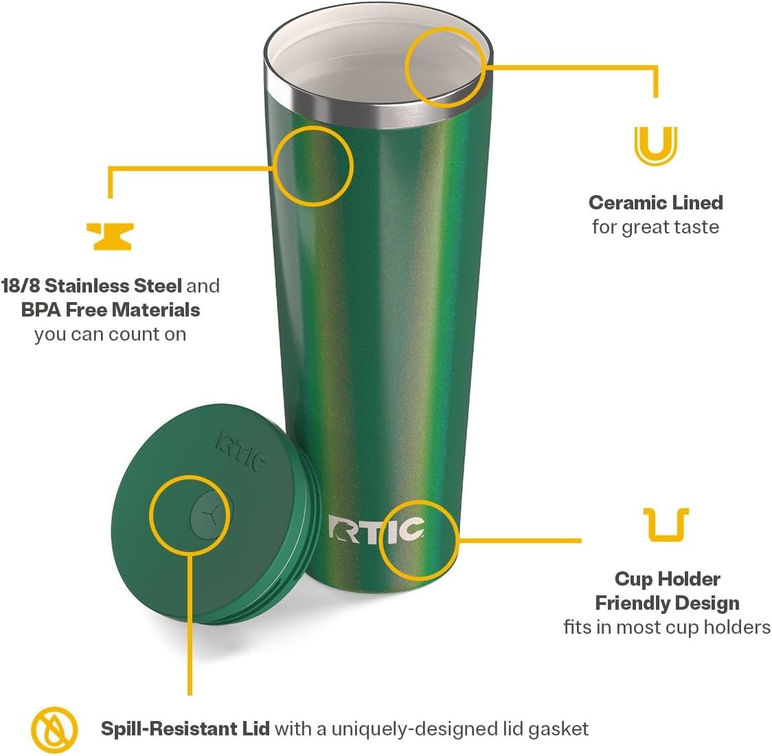 RTIC 20oz Everyday Tumbler Insulated Stainless Steel Portable Travel Coffee Cup with Straw, Ceramic Lining, Spill-Resistant Lid, BPA-Free, Hot and Cold Drink, Beach