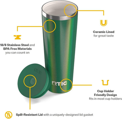 RTIC 20oz Everyday Tumbler Insulated Stainless Steel Portable Travel Coffee Cup with Straw, Ceramic Lining, Spill-Resistant Lid, BPA-Free, Hot and Cold Drink, Beach
