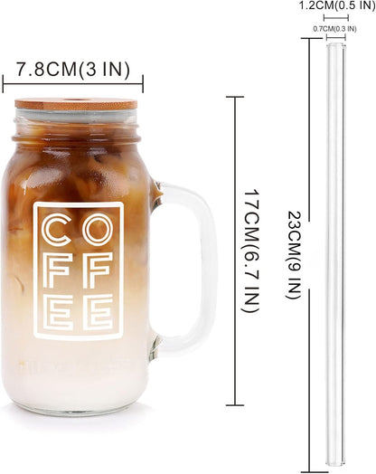 ANOTION Mason Jar Iced Coffee Cup with Lid and Straw, 24oz Regular Mouth Mason Jars with Handle Glass Coffee Drinking Glasses Tumbler Reusable Cups Bottles for Iced Coffee Cups for Travel Office Home