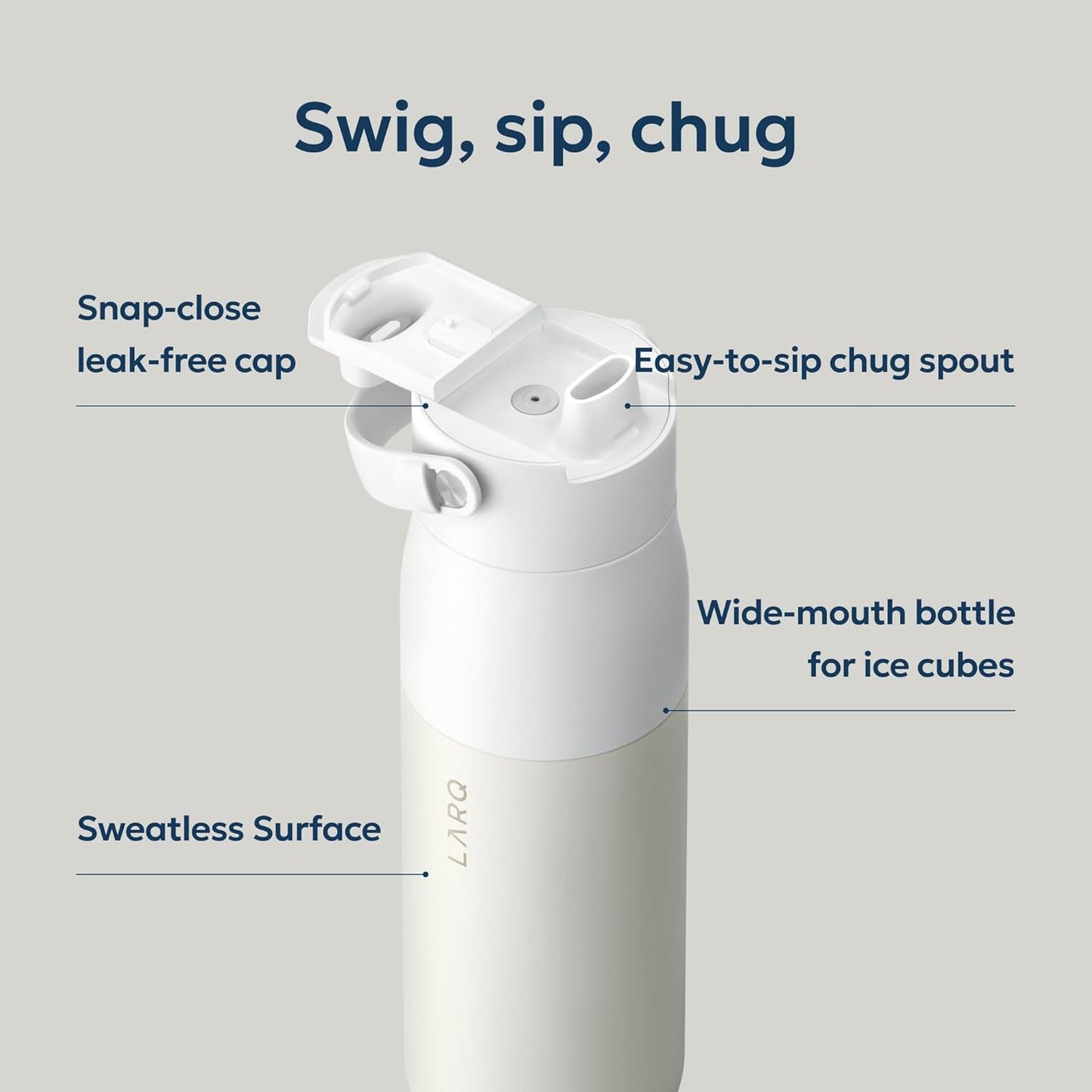 LARQ Swig Top — Insulated Stainless Steel Water Bottle with Straw, Detachable Silicone Handle, Vacuum 24h Cold, BPA-Free Metal Bottle for Gym, Travel, Office, Wide Mouth for Ice — 23 oz, Mojave Dune