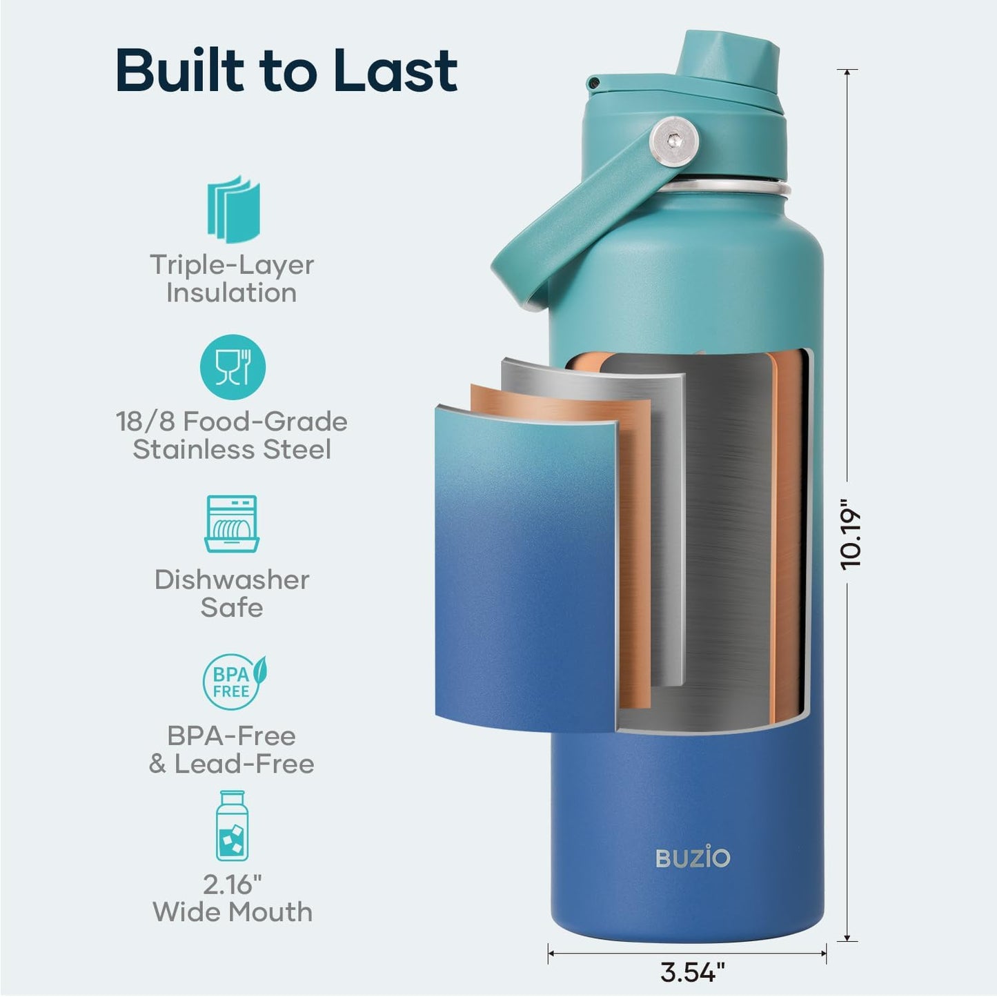 BUZIO 40oz Insulated Water Bottle, Triple Wall Vacuum Stainless Steel Water Flask with 2 lids, Lead-Free BPA-Free Straw Lid Sports Canteen Jug, Cold 48H & Hot 24H- Black - Colors B