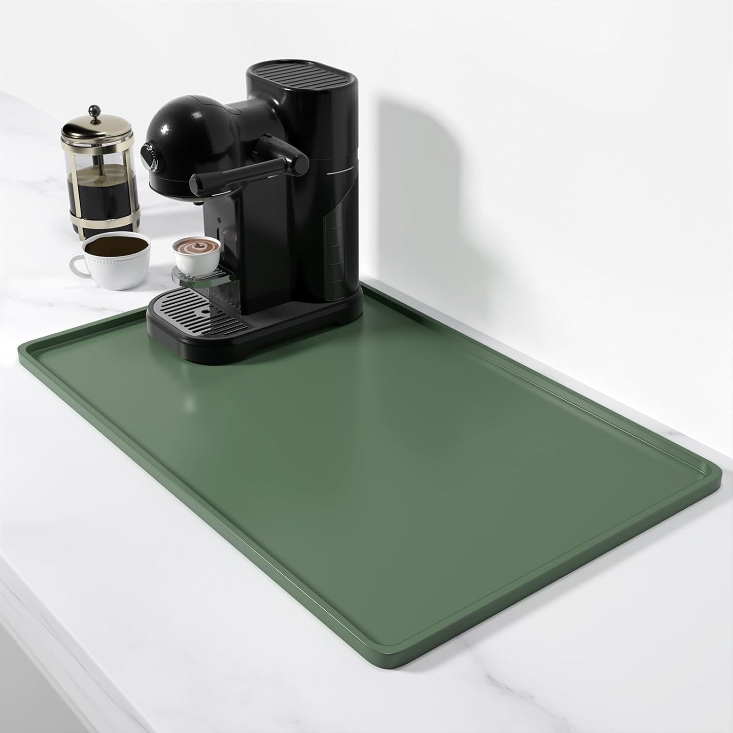 Rnivvi Silicone Coffee Mat, 16" x 24" Waterproof Raised Edge Coffee Bar Mats for Espresso Machine Station Accessories, Heat Resistant Detachable Dish Drying Pad for Kitchen Counter, Dish Rack, Green
