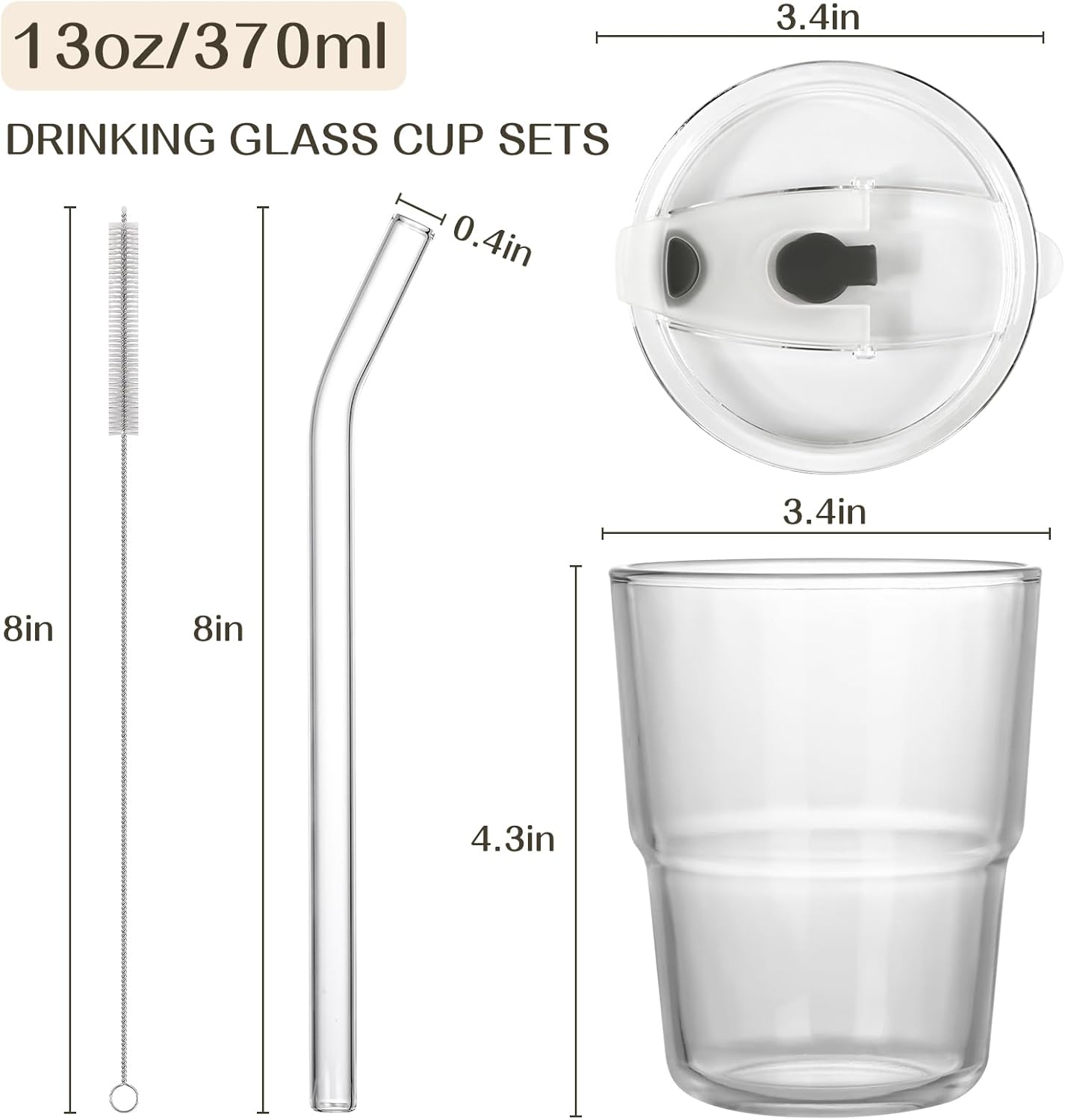 13oz Iced Coffee Cups,2Pcs Glass Cups with Lids and Straws Drinking Glasses,Clear Ribbed Glassware,Reusable Tumbler Glass to Go Cup for Matcha, Iced Tea,Juice