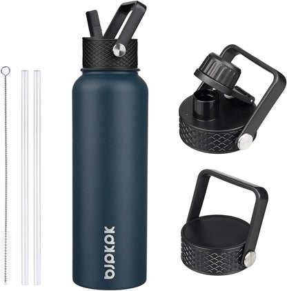 BJPKPK Insulated Water Bottles with Straw Lid, 40oz Stainless Steel Water Bottles with 3 Lids, BPA Free Leakproof Thermo, Tumblers, Cups for Sports, Gym- Midnight - Colors A