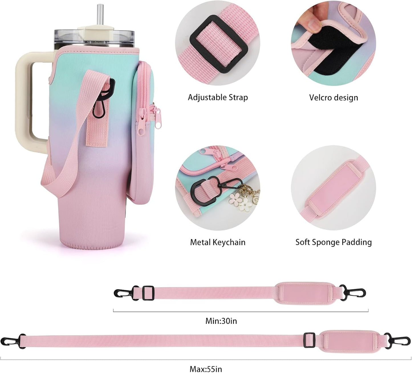 GOEWY Water Bottle Carrier Bag for Stanley 40/30 oz Tumbler with Phone Pocket Neoprene Water Bottle Holder with Shoulder & Handheld Strap Stanley Cup Accessories