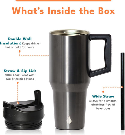Elemental 32 oz 100% Leak Proof Tumbler with Handle & Straw - Stainless Steel Double Wall Insulated Tumbler for Hot and Cold Beverages - Travel Coffee Mug with Sip & Straw Lid - White - Colors B