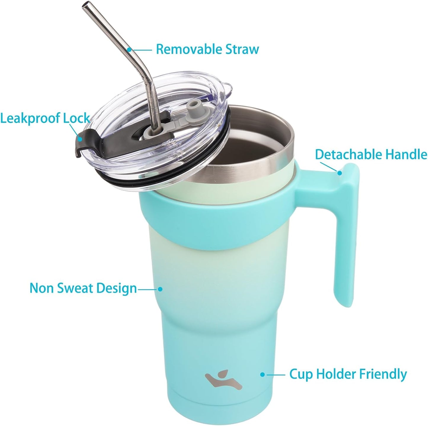 Konokyo 20 oz Tumbler with Handle and 2 Straw 2 Lid, Insulated Water Bottle Stainless Steel Vacuum Cup Reusable Travel Mug,Black