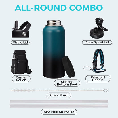 32/40/64OZ Insulated Water Bottle - Keep Cold 48H Hot 24H, Combo Straw/Spout Lids, Paracord Handle for Gym/Hiking, Carrier Bag +Strap, Cup Mat, BPA-Free Stainless Steel Flask Jug