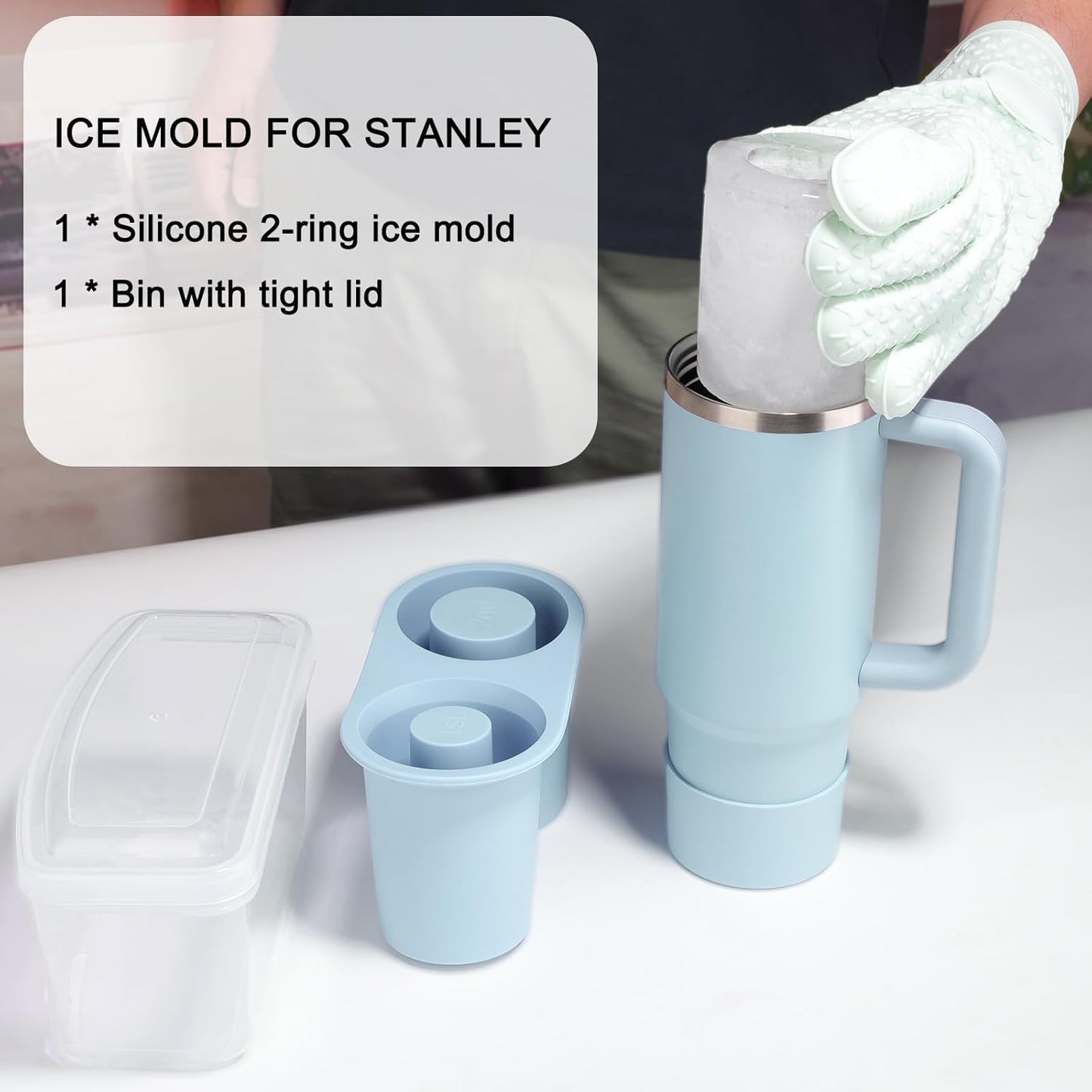 Ice Mold for Stanley Cup, Silicone Ice Cube Tray for Stanley Cup 30oz-40oz, Tumbler Ice Mold with Lid and Bin, Easy Release Cylinder Ice Cube Mold, 1 Pack, Eucalyptus
