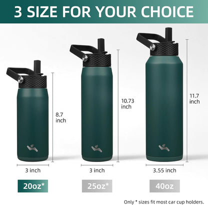 Konokyo 22oz Stainless Steel Bottles with 3 Lids Sport Insulated Water Bottle,Mint