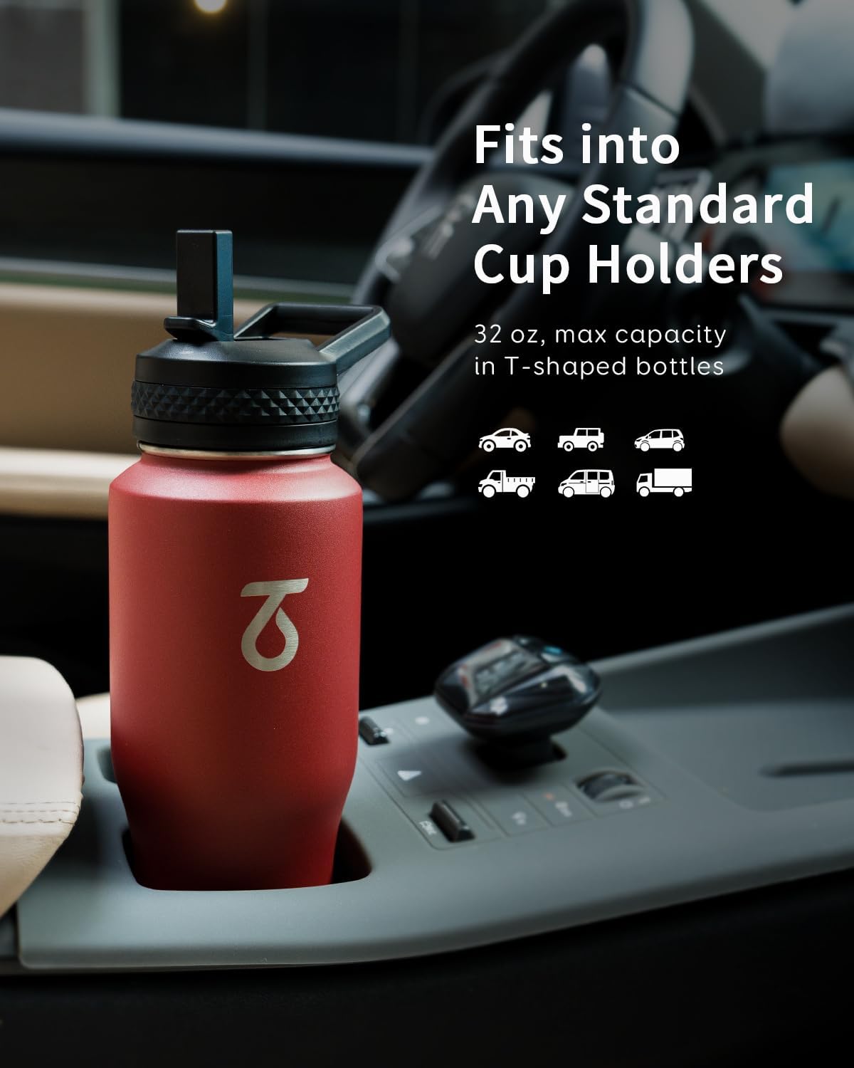Trebo 40 oz Water Bottle Insulated Fit Car Cup Holder with Handle, Stainless Steel Water Bottles Tumbler with Spout Straw Lids, Double Wall Travel Reusable Flask, Leakproof Mug,Keep Cold &Hot,Black