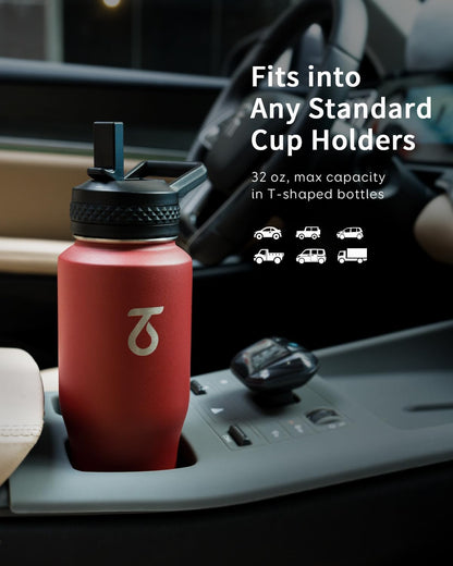 Trebo 40 oz Water Bottle Insulated Fit Car Cup Holder with Handle, Stainless Steel Water Bottles Tumbler with Spout Straw Lids, Double Wall Travel Reusable Flask, Leakproof Mug,Keep Cold &Hot,Black