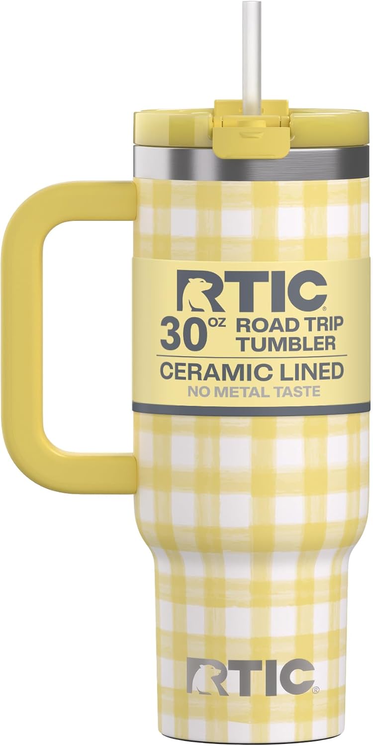 RTIC 30 oz Road Trip Tumbler Double-Walled Ceramic Lined InsulatedStainless Steel Portable Travel Coffee Mug Cup with Lid, Handle and Straw, Periwinkle Bouquet