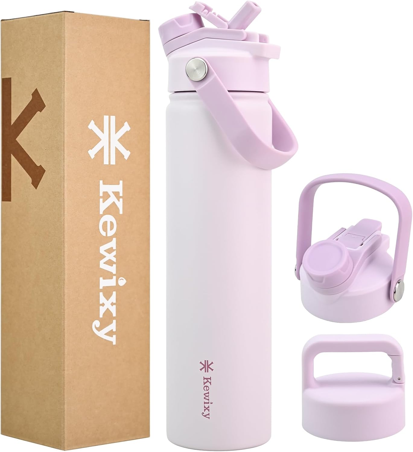 KEWIXY 32 oz Insulated Water Bottle, 2-in-1 Lid, Straw & Spout with Protected, Leak Proof, Keep Cold, Stainless Steel, Metal, Reusable, Handle, for Outdoor, Gym and School, 2 Lids, Blush Pink