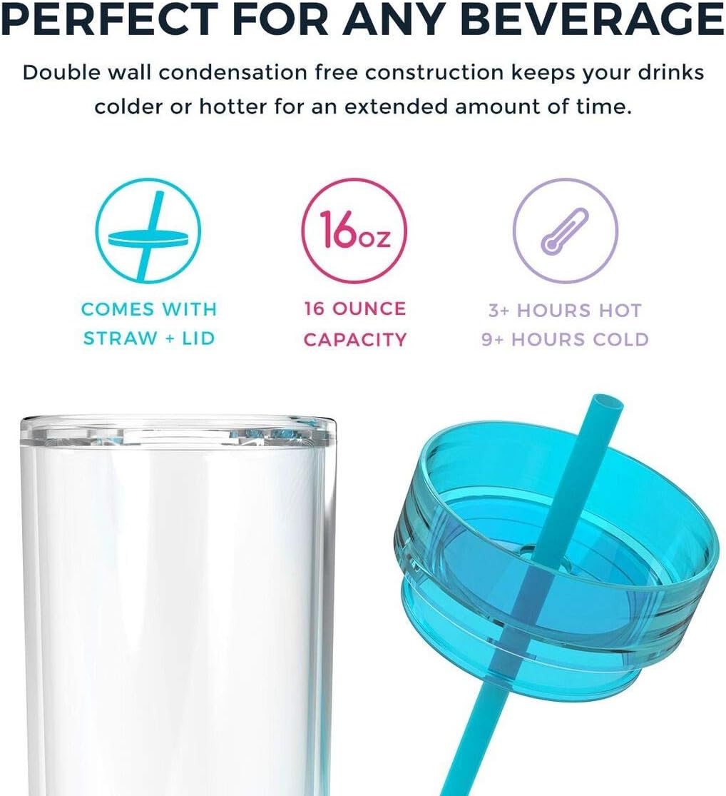 Maars Skinny Clear Tumbler with Lid and Straw | 16oz Premium Acrylic, Insulated Double Wall Plastic Reusable Water Cups, BPA-Free To Go Cups for Iced Coffee, Juice & Ice Tea