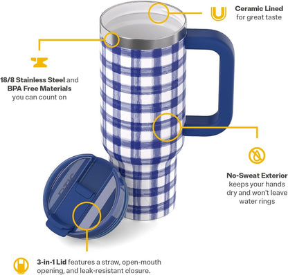 RTIC 30 oz Road Trip Tumbler Double-Walled Ceramic Lined InsulatedStainless Steel Portable Travel Coffee Mug Cup with Lid, Handle and Straw, Periwinkle Bouquet