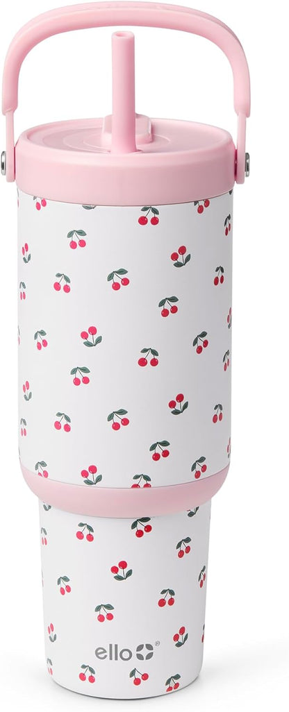 Ello Oasis Go+ 26oz Tumbler with Top Handle and Retracting Straw | Reusable Insulated Stainless Steel Cup, 100% Leakproof Water Bottle, 24 Hours Cold, Cup Holder Friendly For Travel | Wild Rasberry