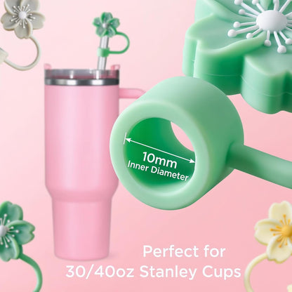 BTYHAOS Silicone Straw Caps for 10mm Tumblers | Reusable Dust-Proof Straw Toppers Compatible with Stanley 30oz & 40oz Tumblers (Purple Flower 3pc)