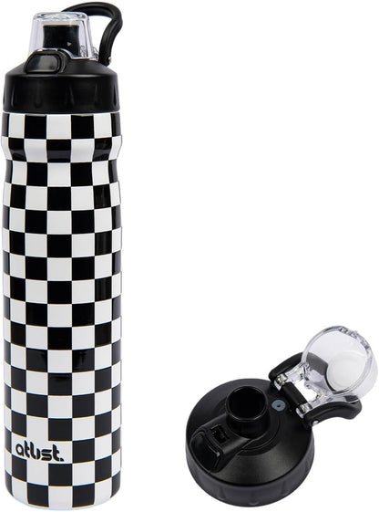 Magnetic Water Bottle with Straw 25 oz - Stainless Steel Insulated Tumbler for Gym & Bike (Fits Holders) - Leak Proof Pop-Up Lid, 2-in-1 Sip or Chug, Handle & Cute Black Checkered Print
