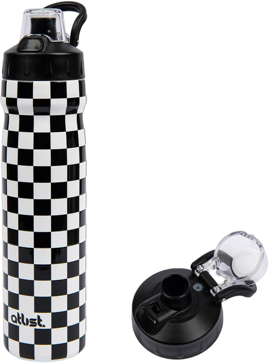 Magnetic Water Bottle with Straw 25 oz - Stainless Steel Insulated Tumbler for Gym & Bike (Fits Holders) - Leak Proof Pop-Up Lid, 2-in-1 Sip or Chug, Handle & Cute Black Checkered Print