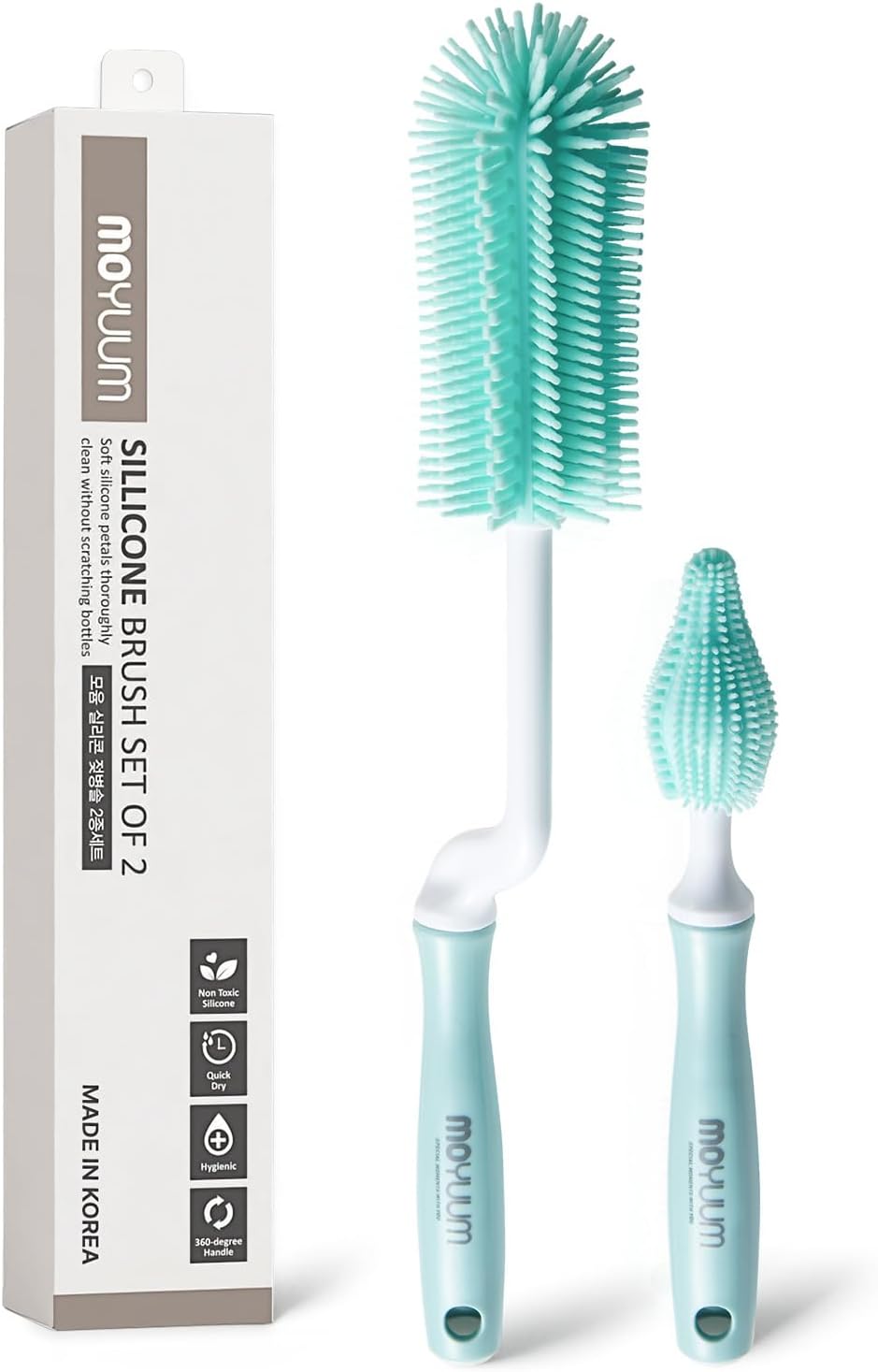 Moyuum Silicone Baby Bottle and Nipple Brush Set | Made in Korea, 360 Degree Rotating Handle, Soft Bristles, Hanging Hole for Quick Drying and Storage, Dishwasher Safe (Cool Grey)