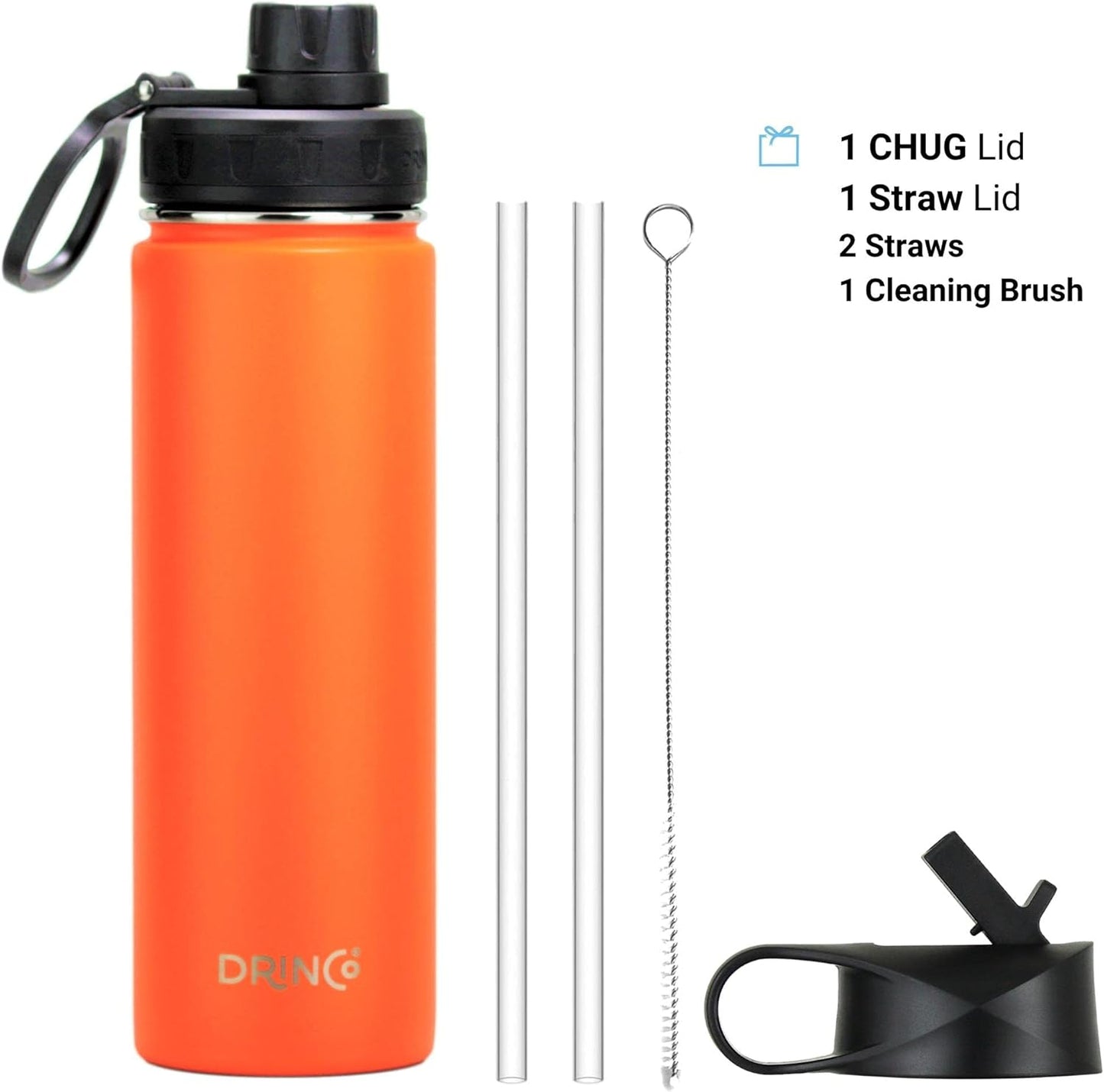 Drinco Stainless Steel Water Bottle Spout Lid Vacuum Insulated Double Wall Water Bottle Wide Mouth (40oz 32oz 22oz 18oz 14oz) Leak Proof Keep Cold Sport Camping Hiking (22 oz, 22oz Black)