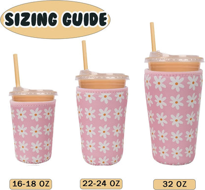 Reusable Insulated Neoprene Iced Coffee Cup Sleeve, Durable Drink Sleeve for Cold Beverages, Beverage Holder for Iced Coffee, Floral Checkers
