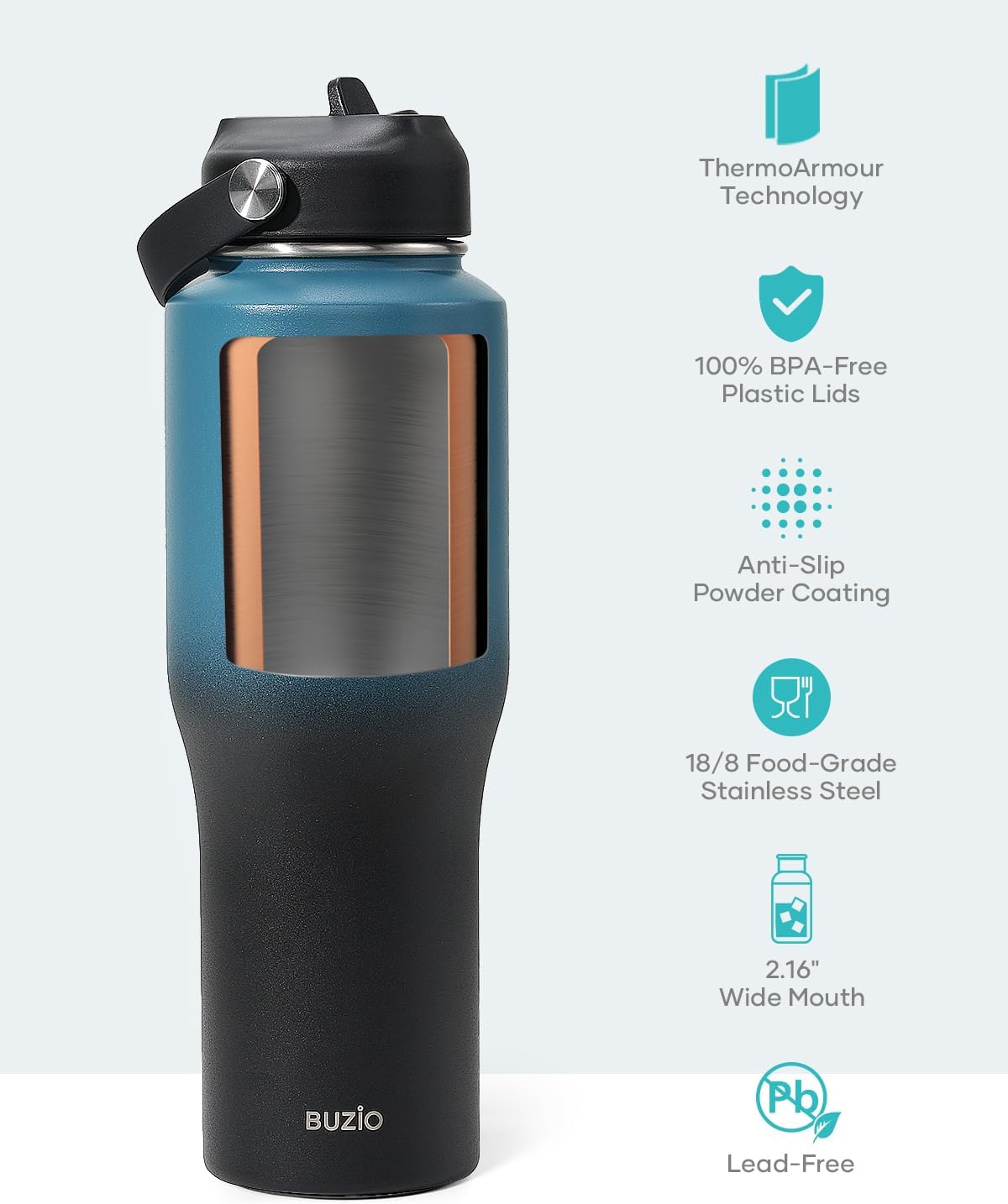 BUZIO 40oz Insulated Water Bottle Fits in Any Car Cup Holders, 40oz Vacuum Insulated Tumbler with Lids and Straw for Water, Travel Mug Cupholder Friendly, Leakproof Keep Cold & Hot, Indigo Crush