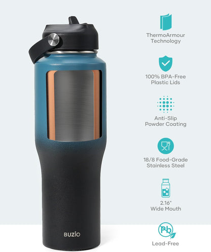 BUZIO 40oz Insulated Water Bottle Fits in Any Car Cup Holders, 40oz Vacuum Insulated Tumbler with Lids and Straw for Water, Travel Mug Cupholder Friendly, Leakproof Keep Cold & Hot, Indigo Crush