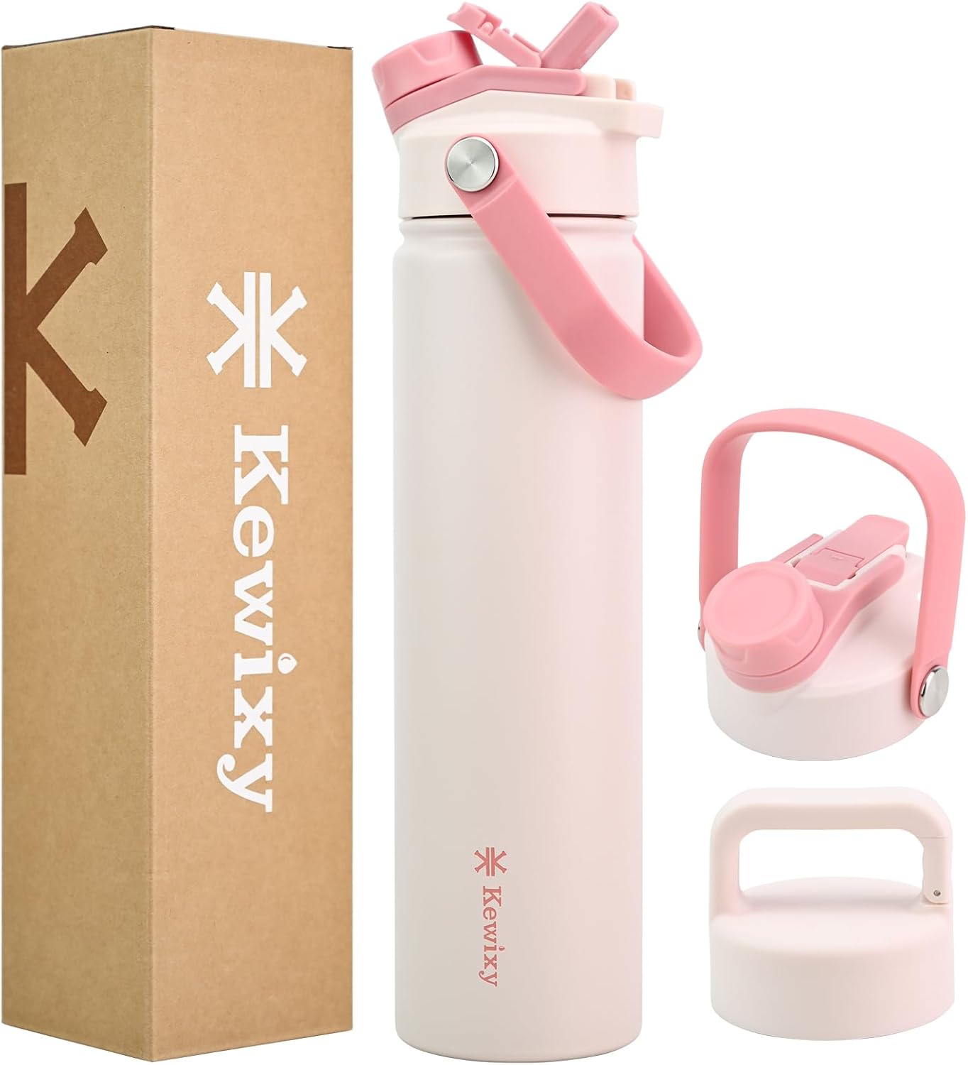 KEWIXY 32 oz Insulated Water Bottle, 2-in-1 Lid, Straw & Spout with Protected, Leak Proof, Keep Cold, Stainless Steel, Metal, Reusable, Handle, for Outdoor, Gym and School, 2 Lids, Blush Pink