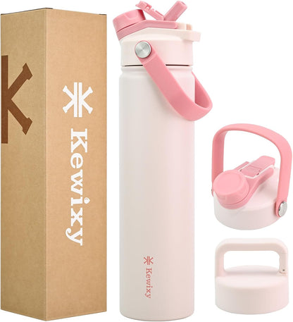 KEWIXY 32 oz Insulated Water Bottle, 2-in-1 Lid, Straw & Spout with Protected, Leak Proof, Keep Cold, Stainless Steel, Metal, Reusable, Handle, for Outdoor, Gym and School, 2 Lids, Blush Pink