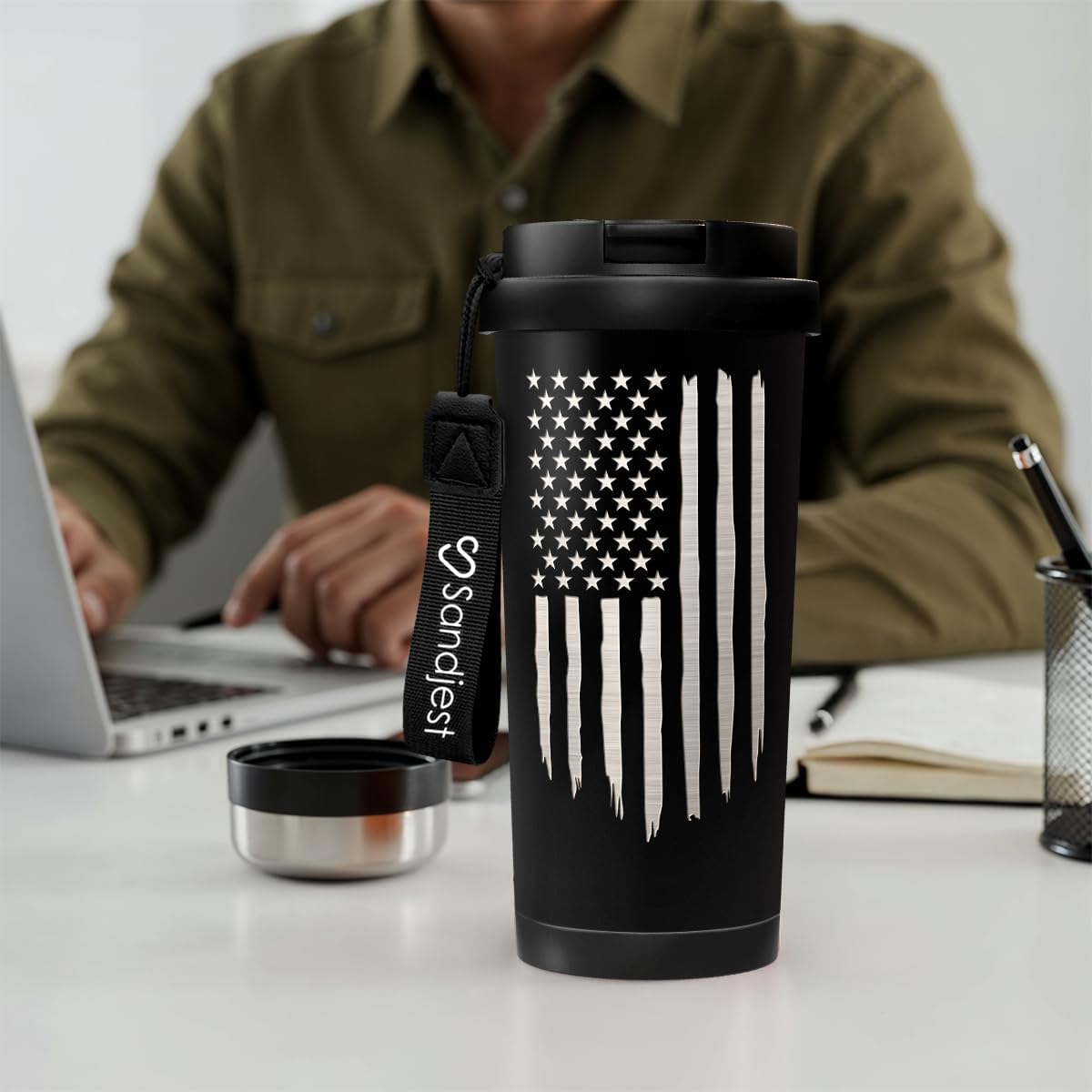 SANDJEST American Flag Tumbler - Stainless Steel 2-in-1 Lid Coffee Tumbler 18 oz, Patriotic Insulated Travel Mug Gift for Men Husband Dad, Birthday Christmas