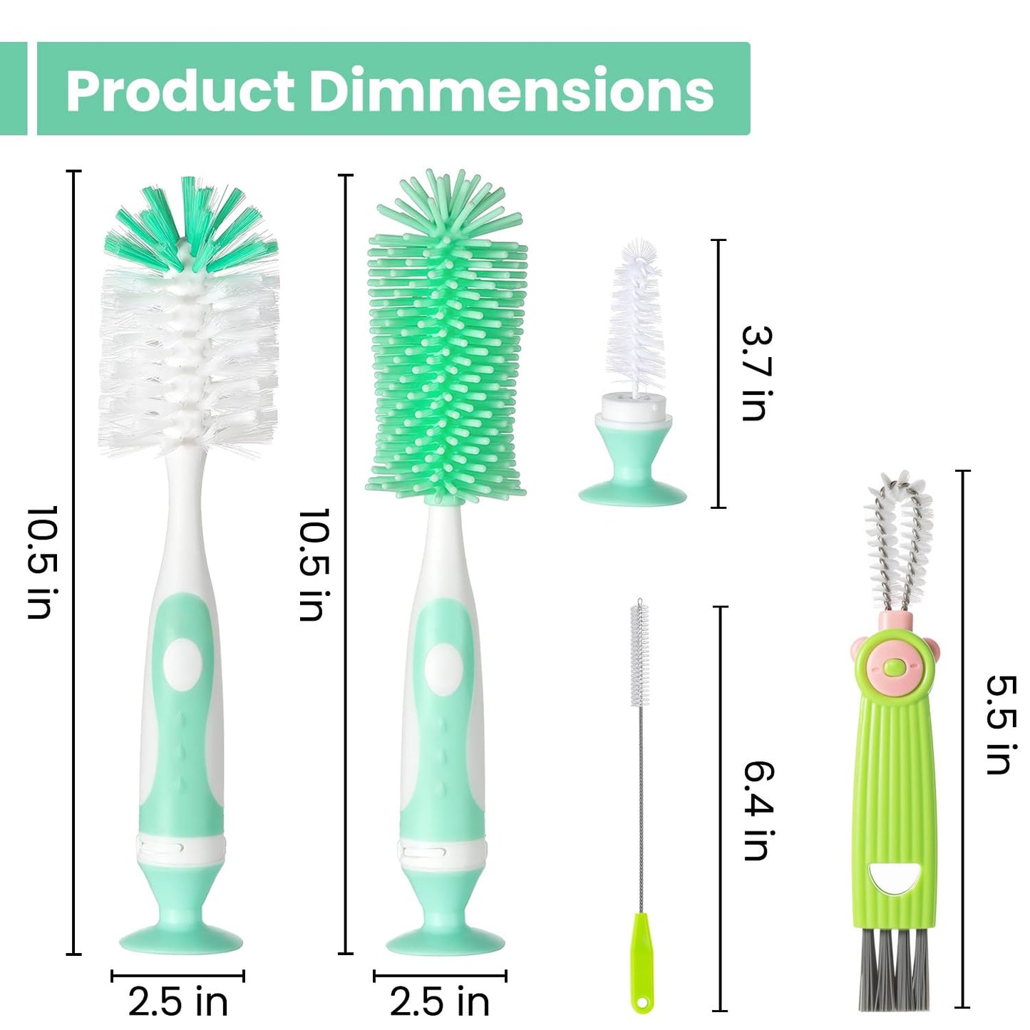 Ariseno 5-in-1 Baby Bottle Cleaner Set, Including Nylon & Silicone Bottle Brush, Cap, Straw & Nipple Brushes, BPA-Free (Grey)