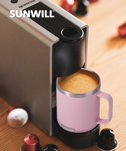 SUNWILL Travel Coffee Mug with Lid, Insulated Tumbler with Handle, 14 oz Stainless Steel Cup for Ice, Water, Tea, Rose Gold