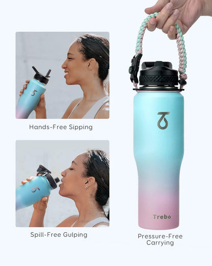 Trebo 40 oz Water Bottle Insulated Fit Car Cup Holder with Handle, Stainless Steel Water Bottles Tumbler with Spout Straw Lids, Double Wall Travel Reusable Flask, Leakproof Mug,Keep Cold &Hot,Black