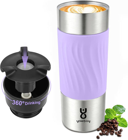 Travel Coffee Mug with 360°Lid, Travel Coffee Tumbler 16 oz Leak Proof, Stainless Steel Insulated Travel Mugs for Hot and Cold Spill Proof Leak Proof (Purple)