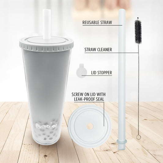 Bumbler Original Boba Tea Cup - 24oz Double-Walled Plastic Reusable Tumbler with Extra Wide Straw & Leak-Proof Lid - BPA-Free Smoothie & Iced Coffee Travel Mug - Blush Pink