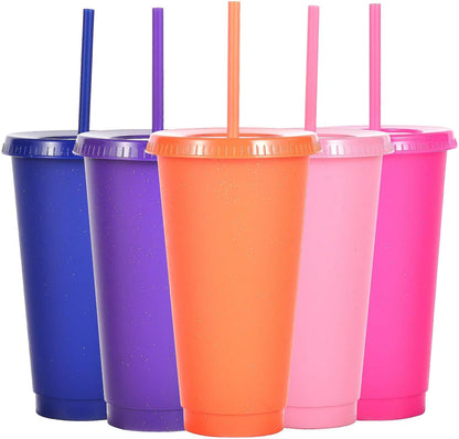 Suertestarry Tumbler with Straw and Lid,Water Bottle Iced Coffee Travel Mug Cup,Reusable Plastic Cups,Perfect for Parties,Birthdays,24oz-5 Pack (Rainbow, 5pack)