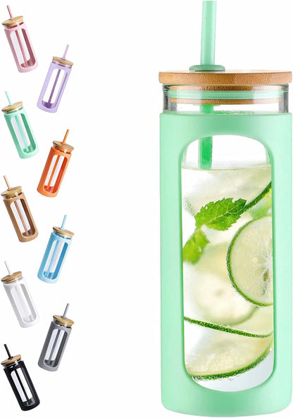 Kodrine 20oz Glass Water Tumbler with Straw and Lid, Bamboo Lids Water Bottle, Iced Coffee Cup Reusable, Wide Mouth Smoothie Cups with Protective Silicone Sleeve BPA FREE-Black - Colors A