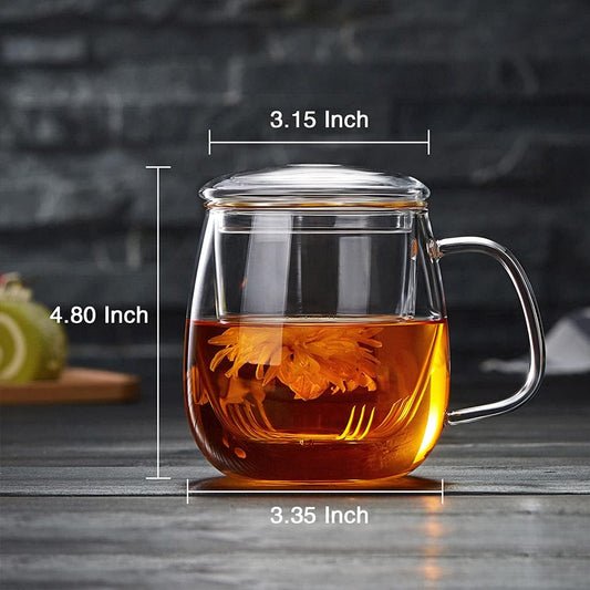 DOPUDO Glass Tea Cup with Infuser and Lid, 17.6oz/520ml Large Borosilicate Teacup,Tea Glass, Clear Mug for Loose Leaf Tea, Blooming Tea, Microwave & Dishwasher Safe - Tea Maker Gift for Birthday.