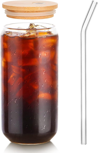 1 Pack Glass Cup, 16oz Drinking Glass with Bamboo Lid and Straw, Beer Tumbler for Mojito Soda Smoothies Whiskey Iced Coffee Cocktail Tea Juice