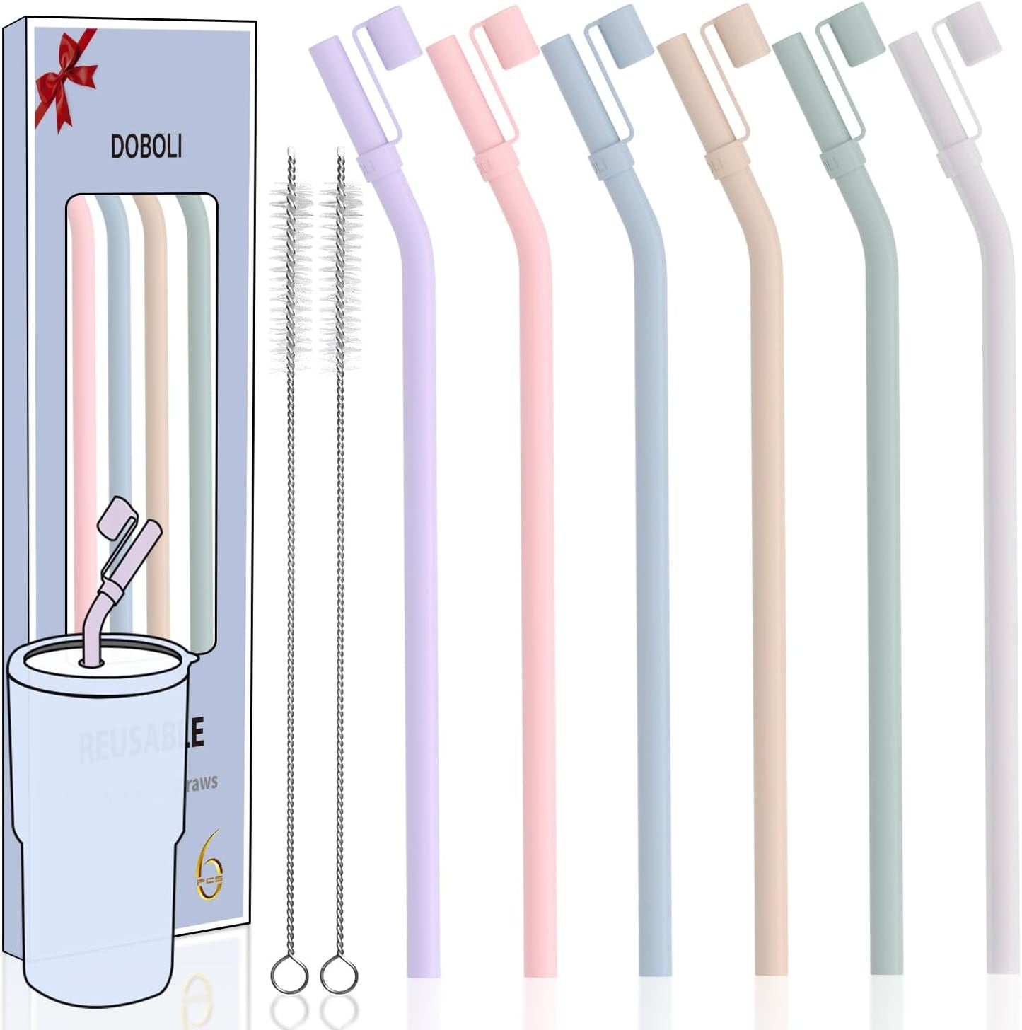 Doboli 10 inch Silicone Reusable Bendy Straw Flexible Straws With Straw Cover, Compatible with 20 oz 30 oz 32 oz Cup Tumbler Non Rubber, 6 Pack Smoothie Silicone Straws Straw with Cleaning Brush