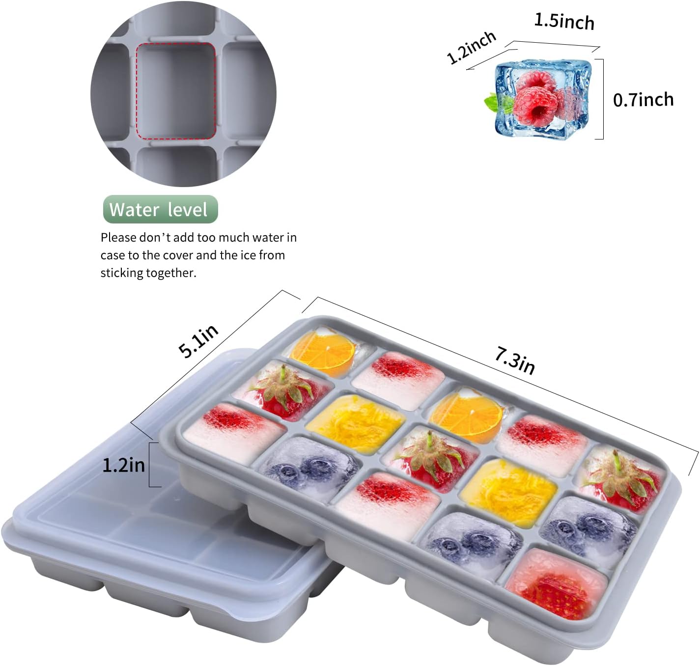Ice Cube Trays Set of 2, Easy Release 15 Flexible Silicone Ice Cube Molds with Removable Lid Reusable Freezer Ice Trays Stackable for Whiskey, Baby Food, BPA Free (BAMBOO GREEN)