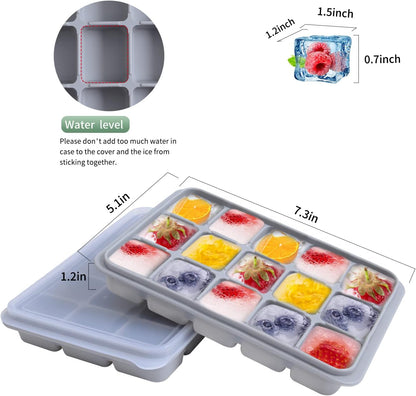 Ice Cube Trays Set of 2, Easy Release 15 Flexible Silicone Ice Cube Molds with Removable Lid Reusable Freezer Ice Trays Stackable for Whiskey, Baby Food, BPA Free (BAMBOO GREEN)